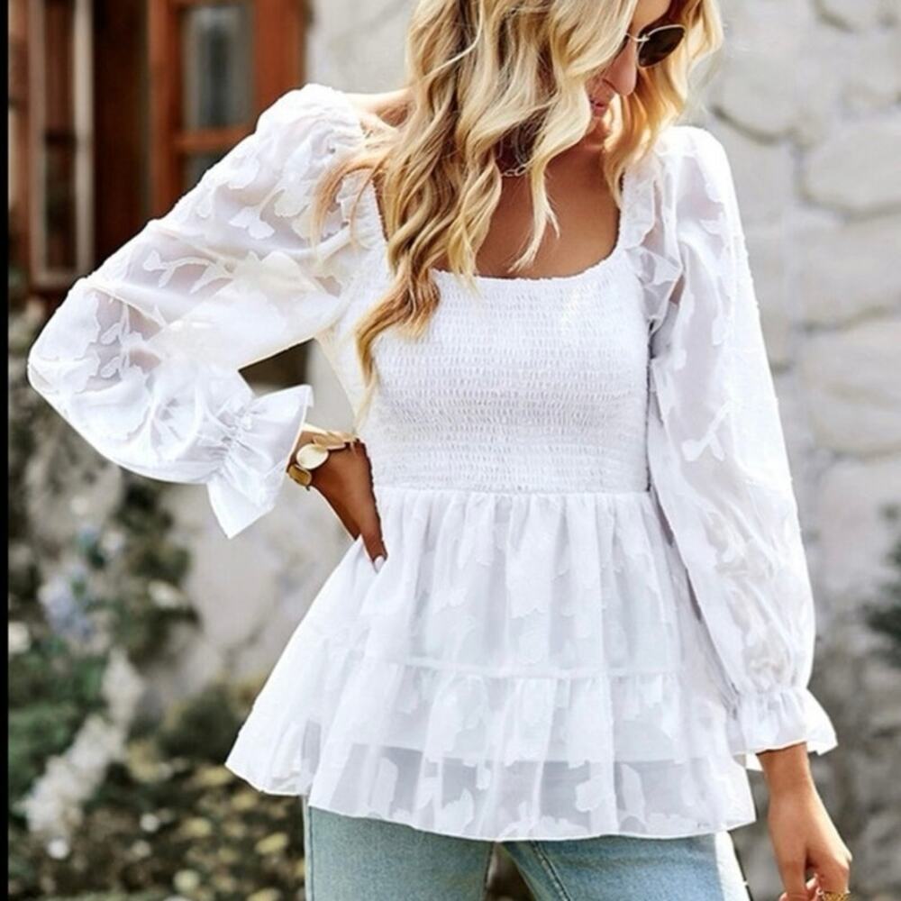 NWT BALTIC BORN Women's Med Ines Smocked Peplum Top White Fairy Romantic